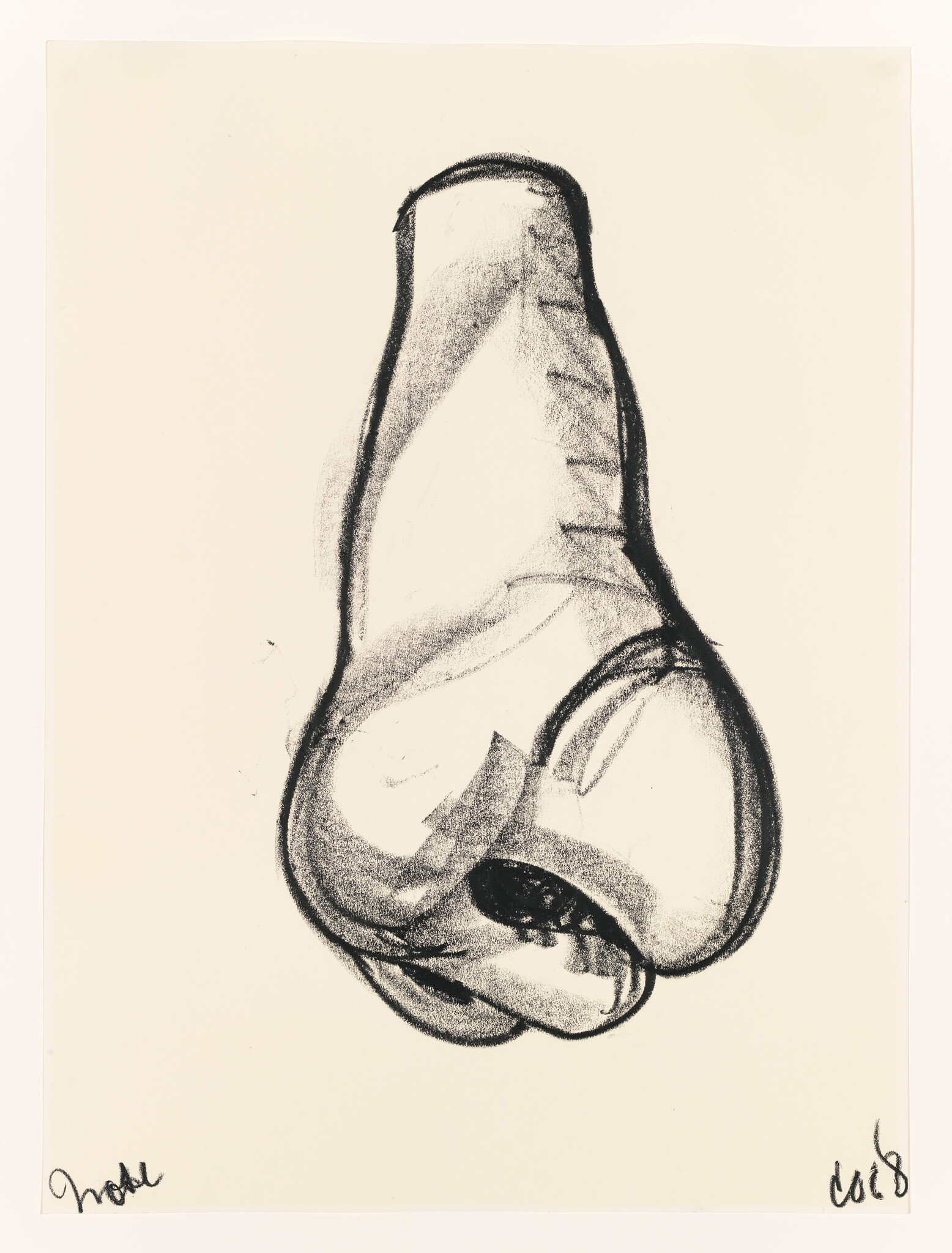 Large charcoal sketch of a pear-shaped object with bold contour lines and shading.