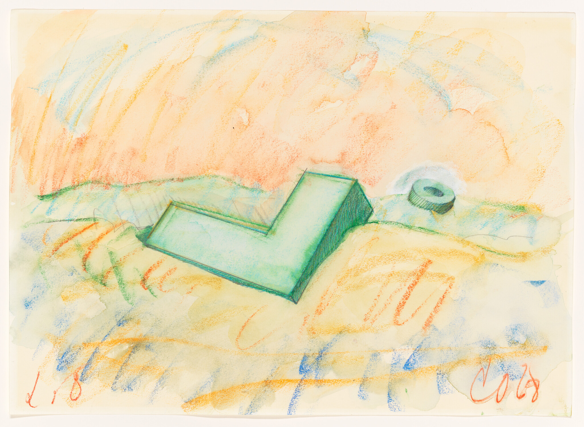 Abstract drawing with a green L-shaped object and a small circular shape on a colorful background.