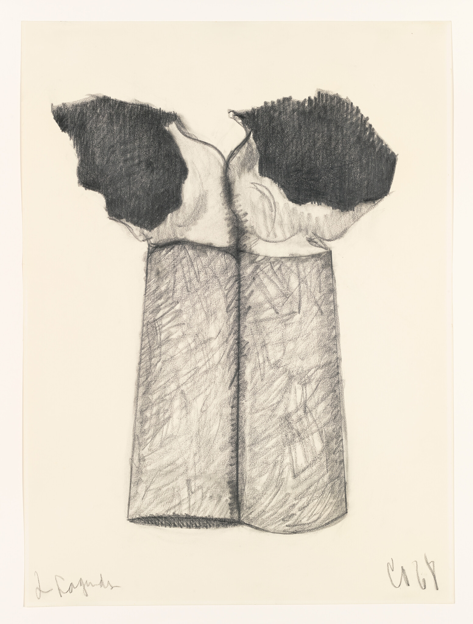 Two tall shaded columns topped by dark, textured forms in a minimalist charcoal drawing.