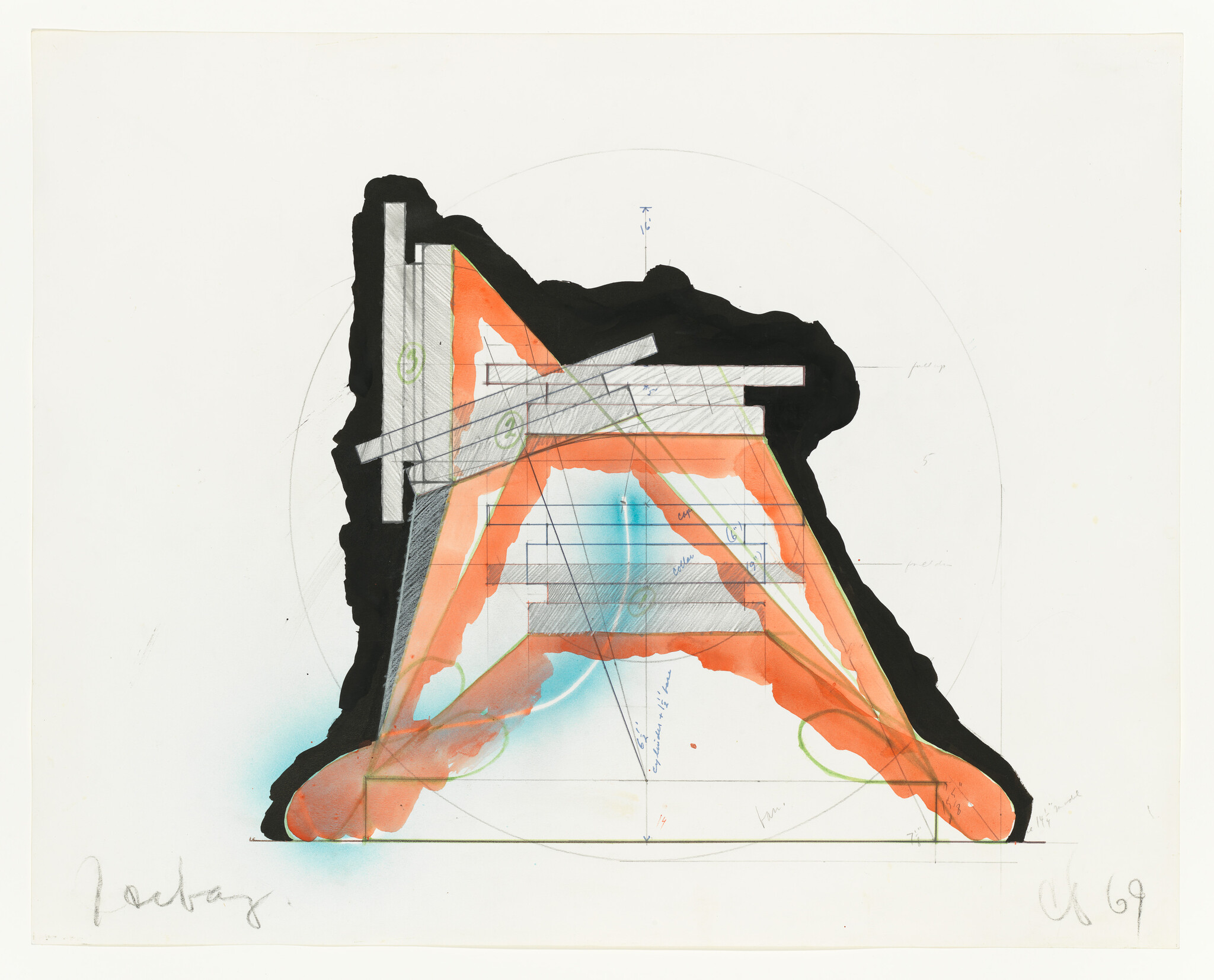 Large stylized letter A sketch with orange watercolor, black outline, and geometric construction lines.