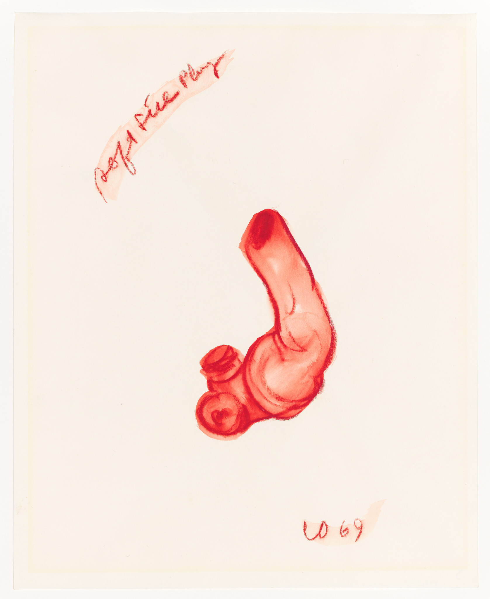 Red watercolor sketch of a rounded, curved phallic shape centered on a blank pale background.