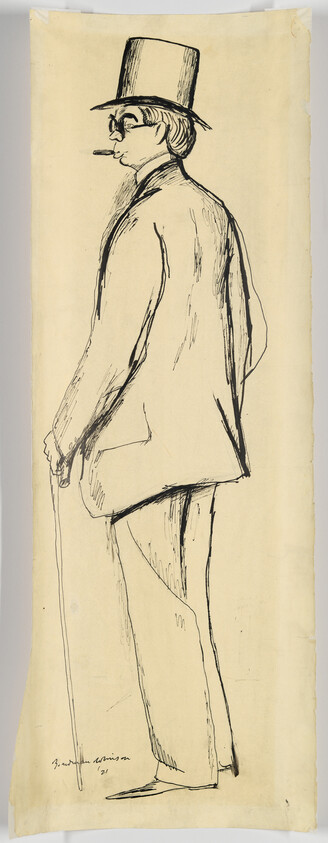 A standing man in a top hat and glasses holds a cane and smokes a cigar.