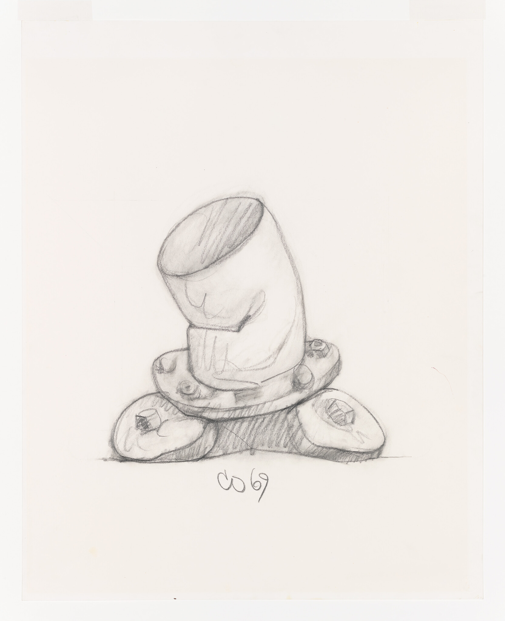 A pencil sketch of a bent metal pipe section mounted on a flanged base with bolts.