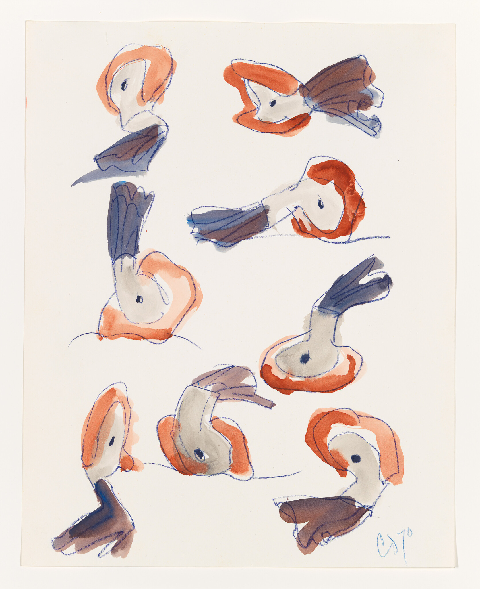 Abstract watercolor of nine fish with orange and blue accents, arranged in various positions.