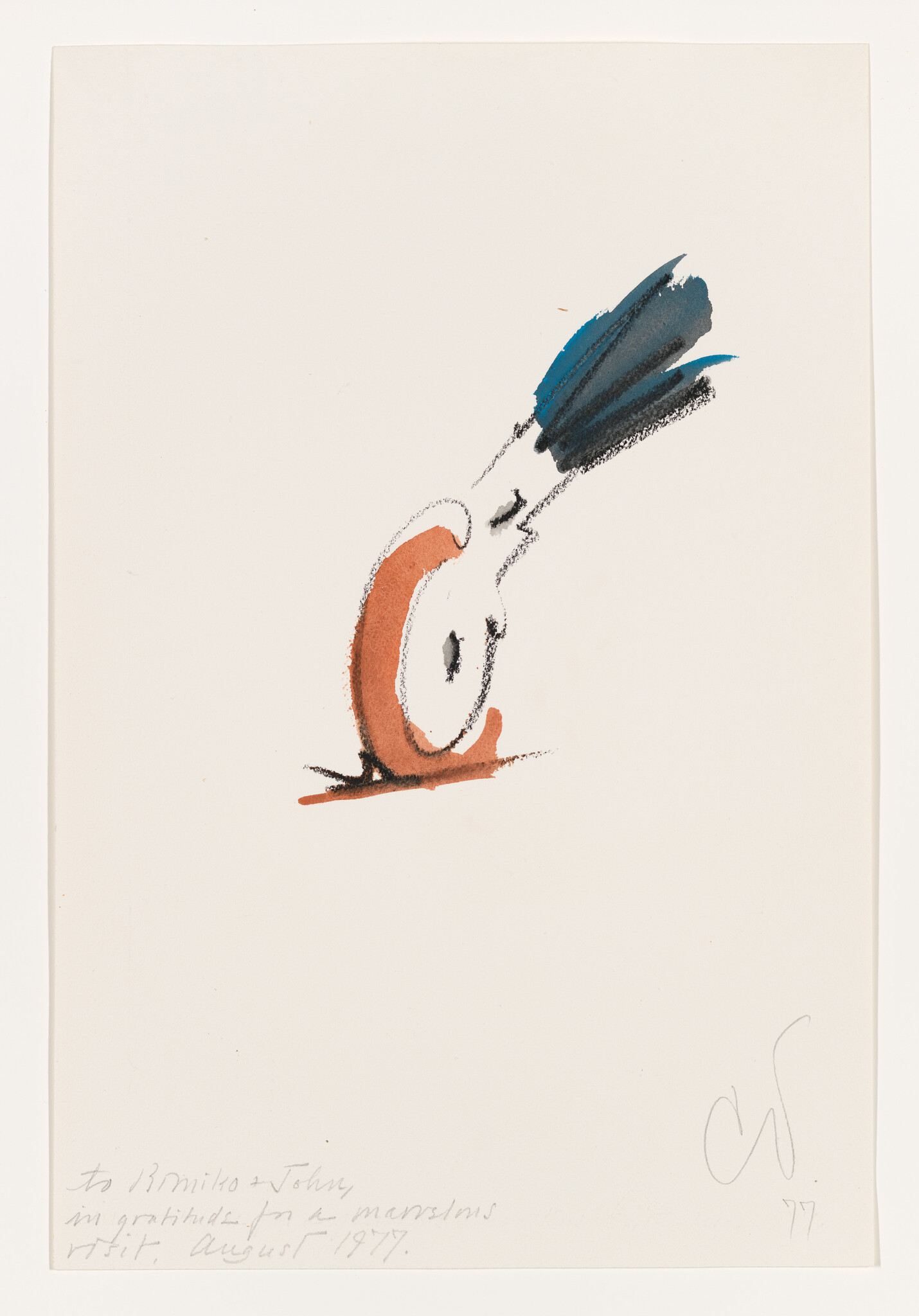A simple drawing of a bird with blue tail feathers pecking the ground, with a handwritten note below.