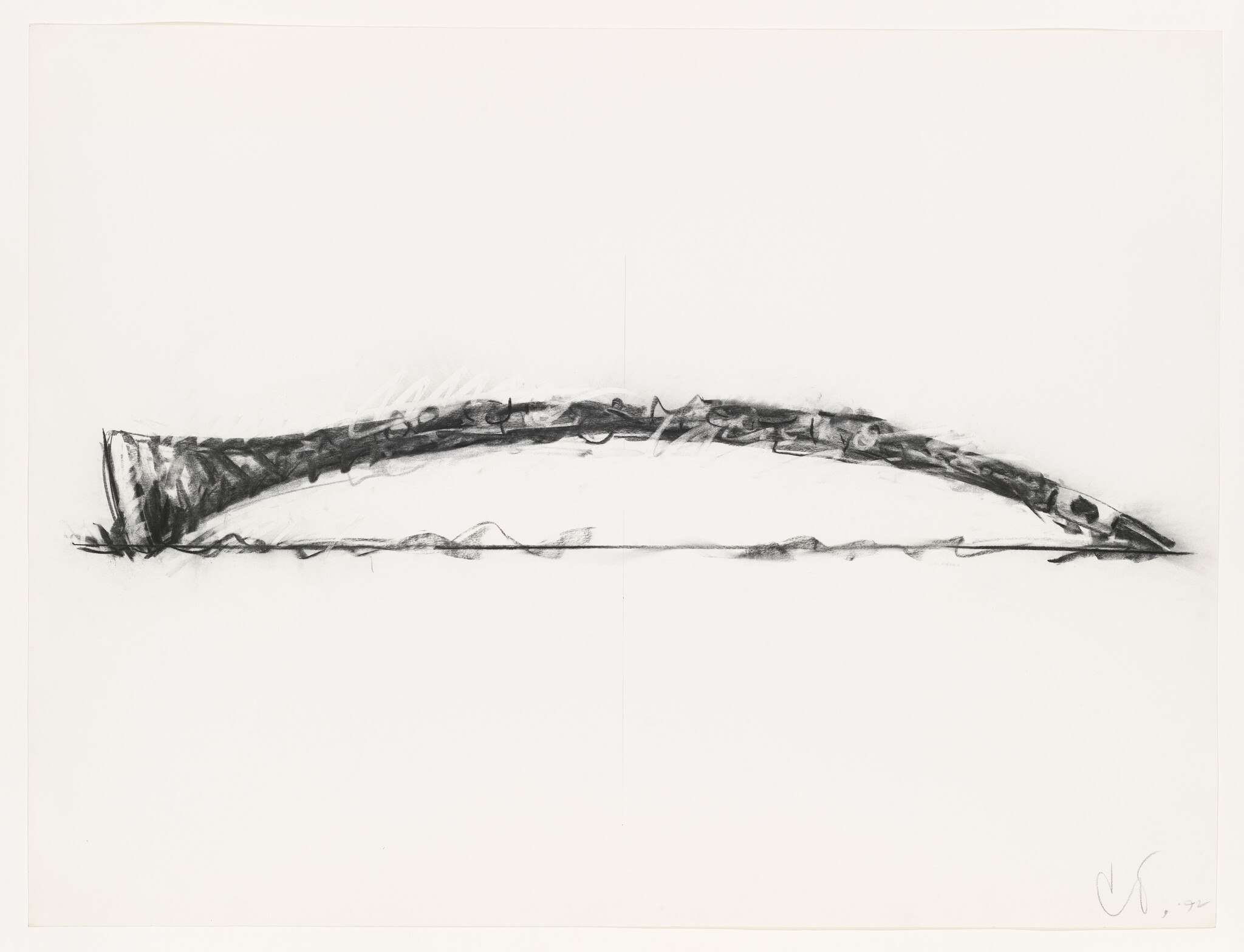 A long curved charcoal sketch resembling a horn resting on a thin horizontal line.