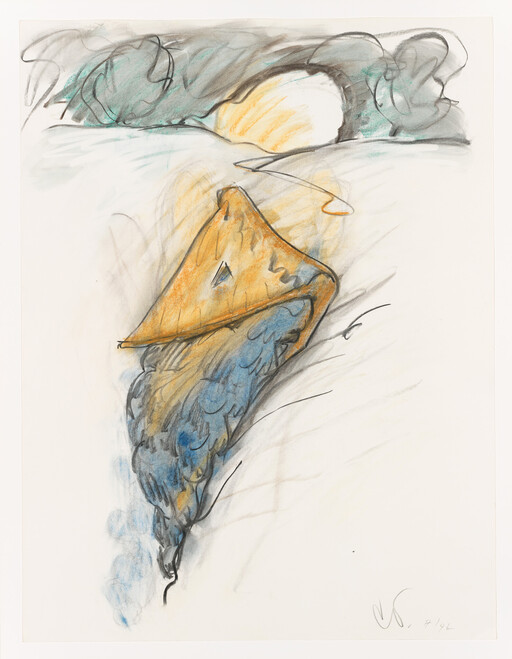 A small orange kite with a long blue tail drifts toward a distant setting sun.