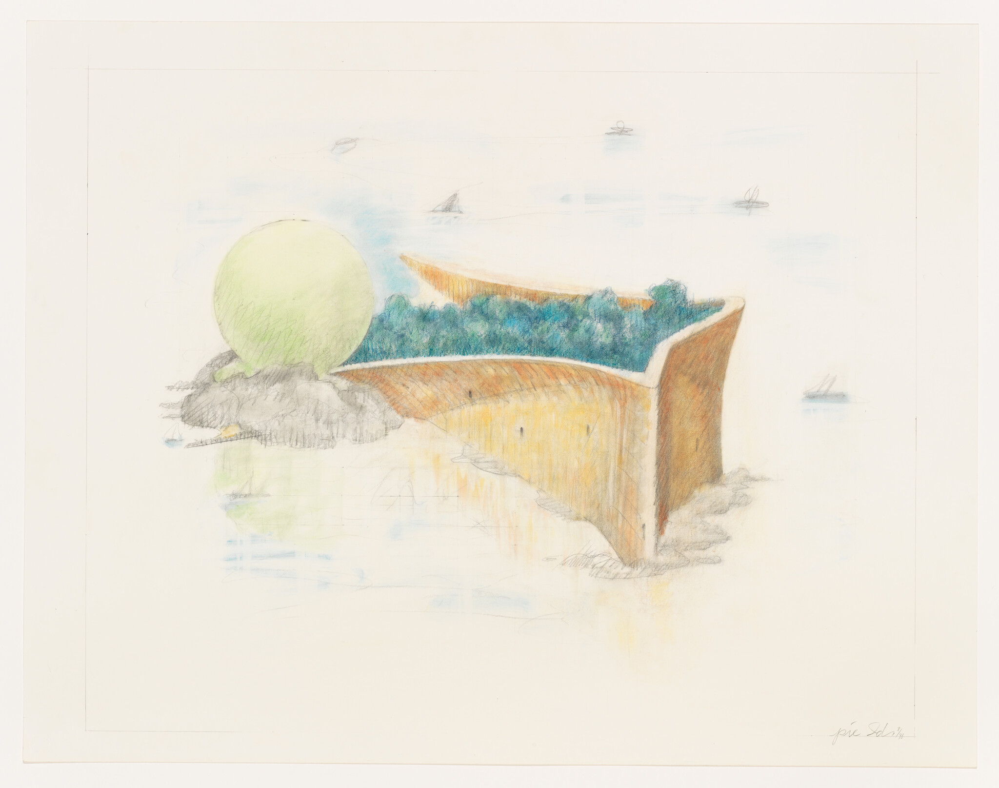 A pastel drawing of a large green sphere on rocks beside a curved cliff and treed shoreline.