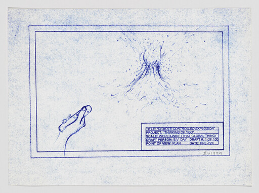 A hand points a remote toward a distant explosion depicted in a blueprint-style sketch with labels.
