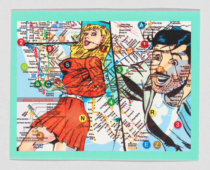 Woman and man cartoon figures overlaid on a colorful subway map, woman smiling and looking back.