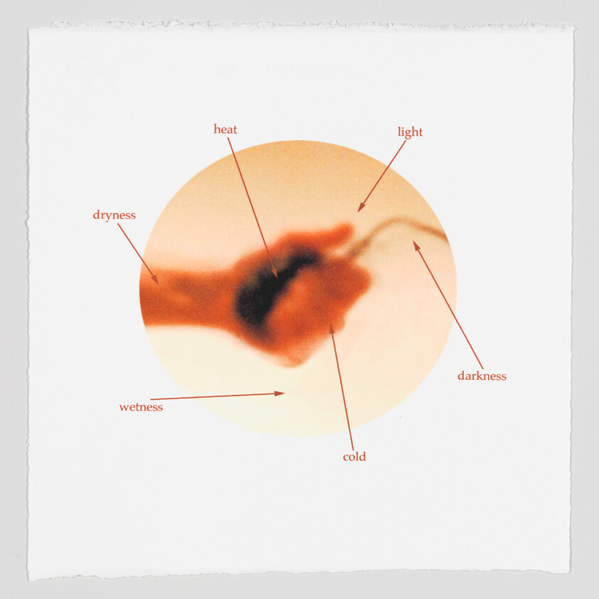 Circular diagram showing a hand-like shape labeled with heat, light, darkness, cold, wetness, and dryness.