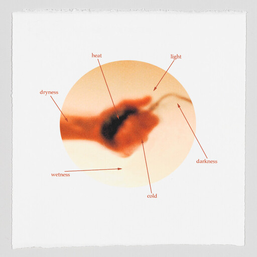 Circular diagram showing a hand-like shape labeled with heat, light, darkness, cold, wetness, and dryness.