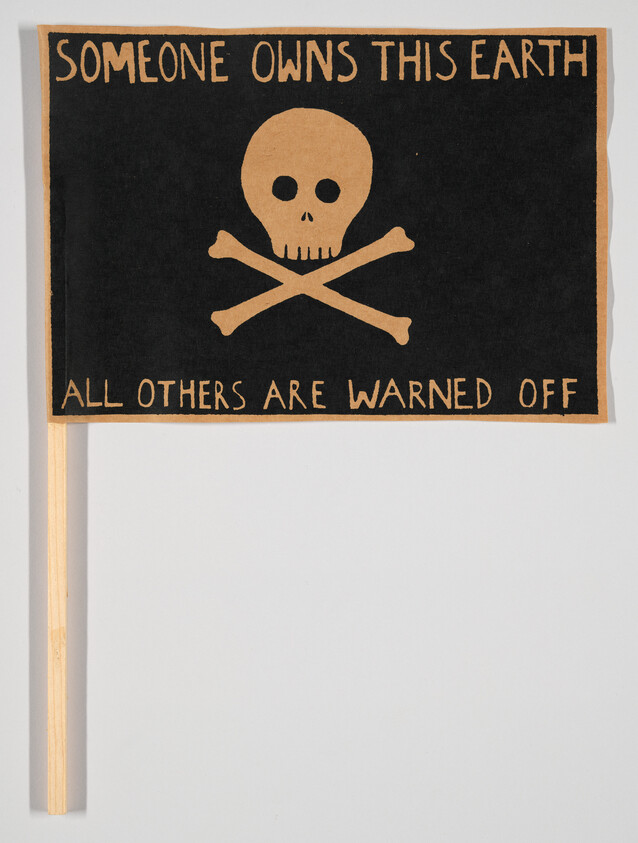 Black flag with skull and crossbones and warning text claiming someone owns the earth.