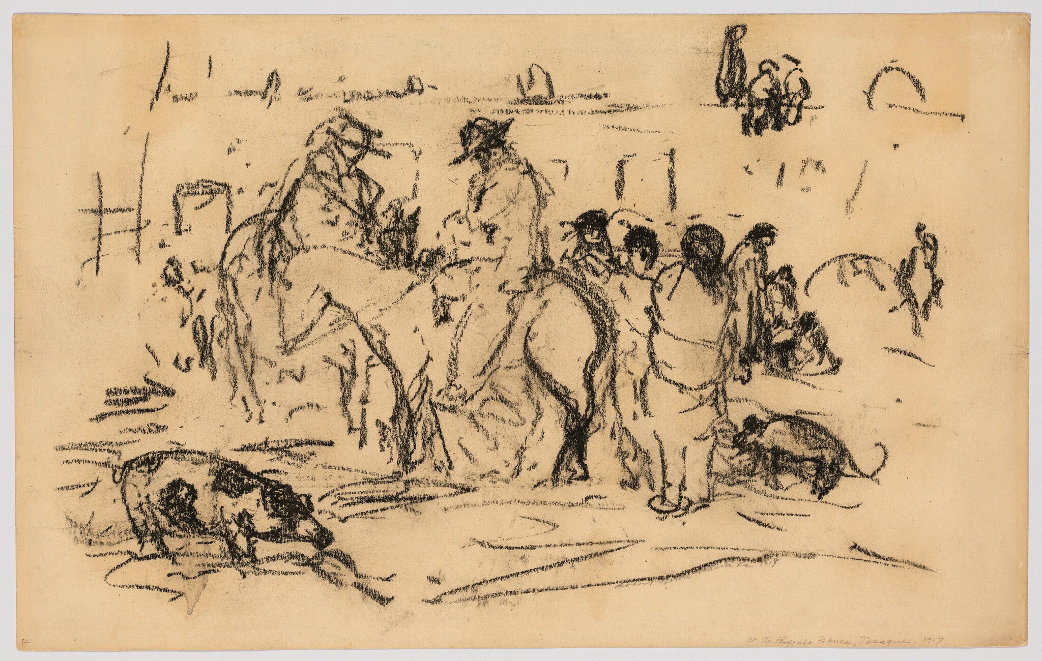 Two riders on horseback converse near people and grazing pigs in a loose charcoal sketch.