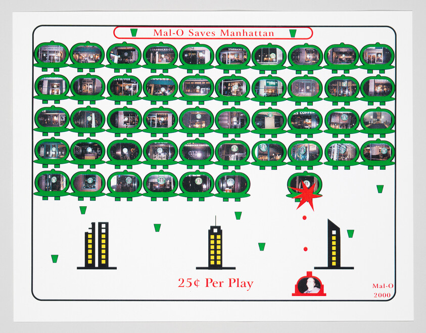 A graphic artwork resembling a vintage arcade game screen titled "Mal-O Saves Manhattan." The image features a grid of green, arcade-style capsules, each containing a different photo of a Starbucks Coffee shop. Above the grid, the title is written in a retro gaming font with a red outline. Below the grid, there are stylized illustrations of skyscrapers, a red starburst with a green alien figure in the center, and a red arcade cabinet at the bottom with a portrait of a person labeled "Mal-O." The phrase "25¢ Per Play" is prominently displayed at the bottom. The overall design mimics the layout of a classic arcade game, suggesting a playful, satirical take on the ubiquity of Starbucks in Manhattan.
