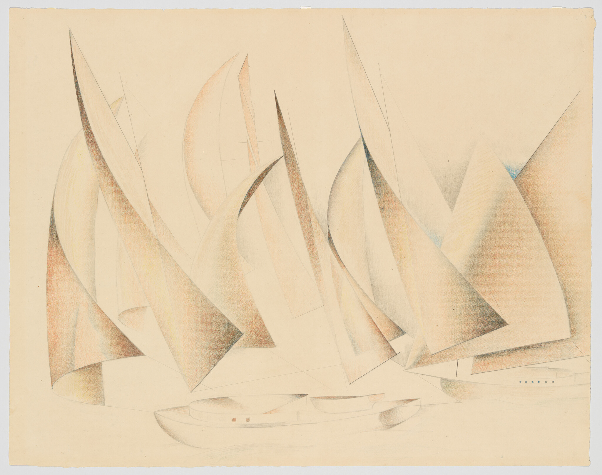 Several sailboats with large curved sails clustered together on calm water.