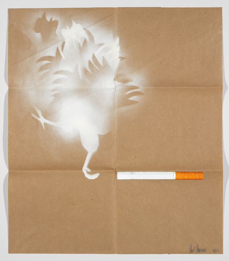 A lit cigarette on brown paper produces a spray-painted white rooster silhouette.