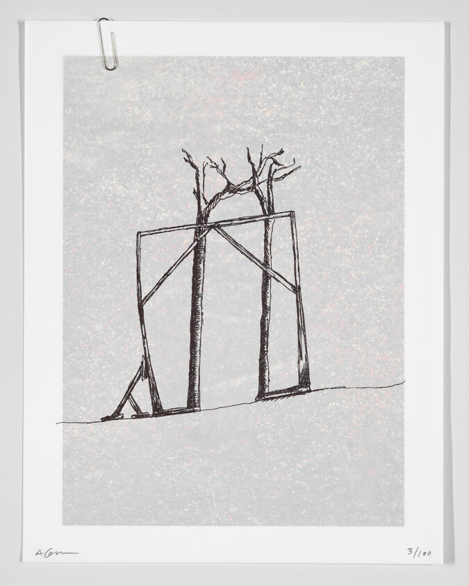 A black and white artwork depicting a minimalist landscape with a bare tree framed by a simple geometric structure, possibly a swing set, against a speckled grey background. The piece is numbered 3/100 and signed by the artist in the lower margin, displayed with a paperclip at the top center edge.