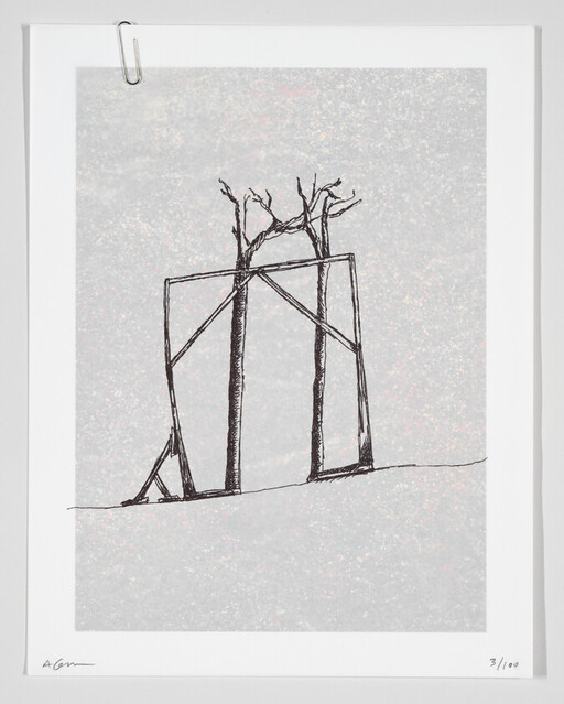 Three thin trees supported by a crude wooden brace structure standing on a flat ground.