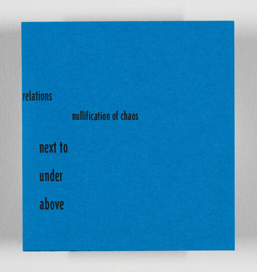 Blue square paper with black words reading "nullification of chaos", "next to", "under", and "above".