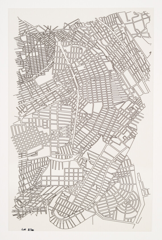 A detailed line drawing of an intricate city map with a dense network of streets and blocks, presented in a monochromatic scheme. The artwork is signed and numbered at the bottom left corner.