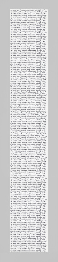 A long narrow strip of paper filled with many repeated handwritten lines covering its length.