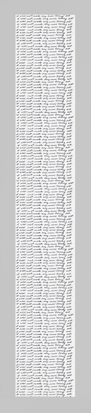 A long narrow strip of paper filled with many repeated handwritten lines covering its length.