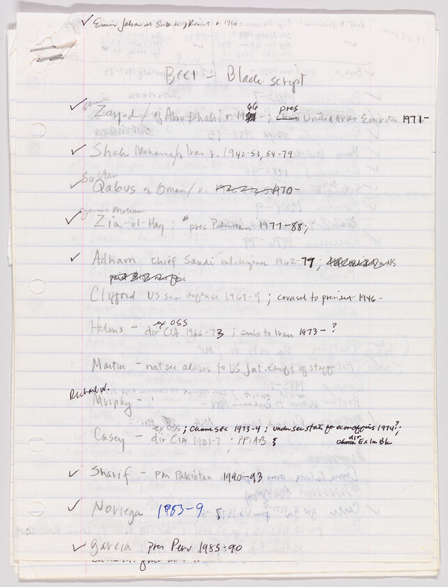 Handwritten checklist on a lined notebook page listing political leaders and dates with checkmarks.