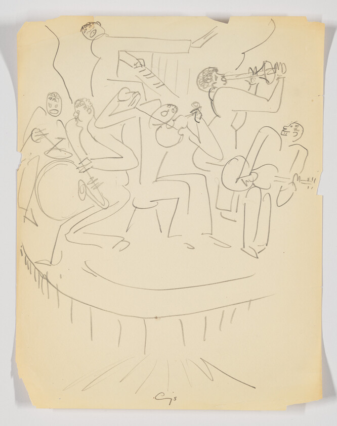 A loose pencil sketch of a jazz band performing on a small round stage with various instruments.
