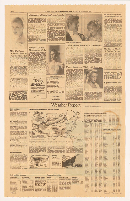 Newspaper page showing a weather report map and multiple small wedding announcement photos.
