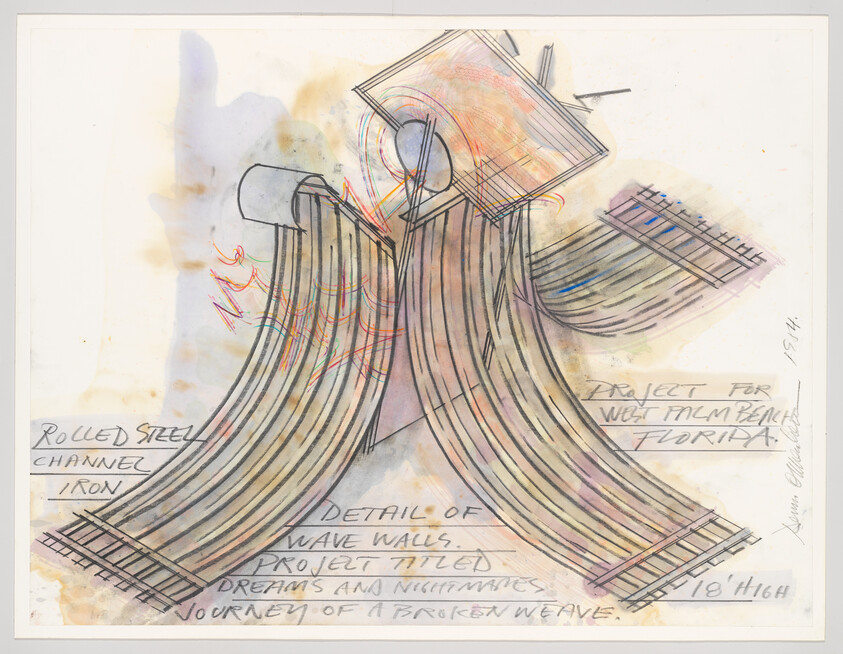 Architectural sketch of curved rolled-steel wave walls with handwritten project notes.