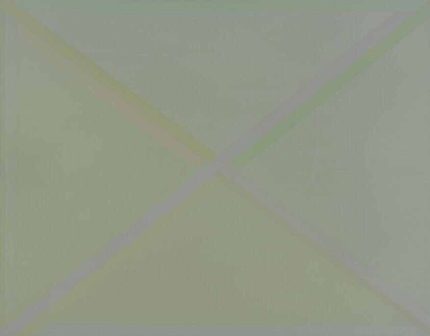 A minimalist abstract painting with soft pastel green and yellow hues intersected by pale diagonal lines creating a subtle geometric pattern.