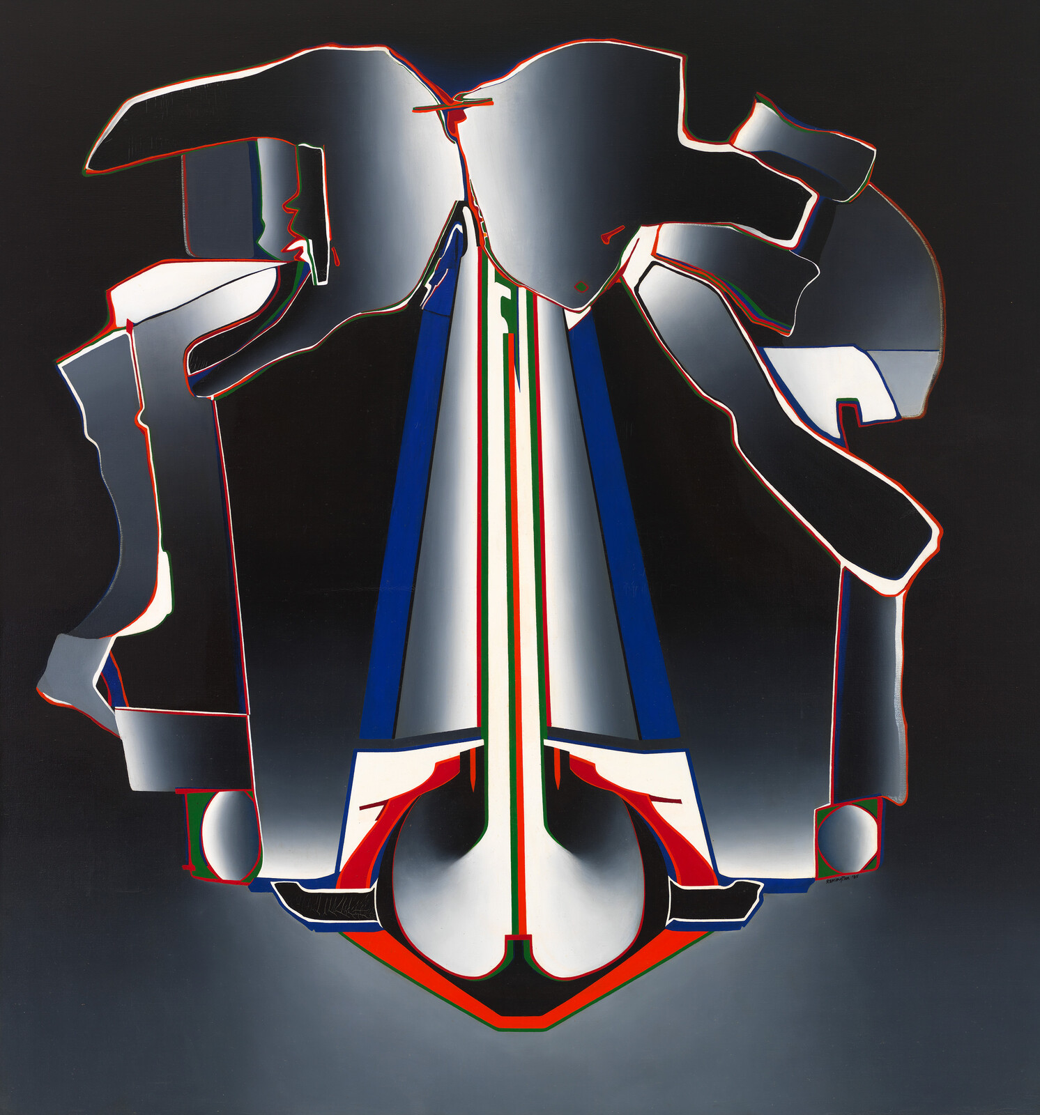 A symmetrical abstract mechanical shape with vertical blue and red stripes on a dark background.