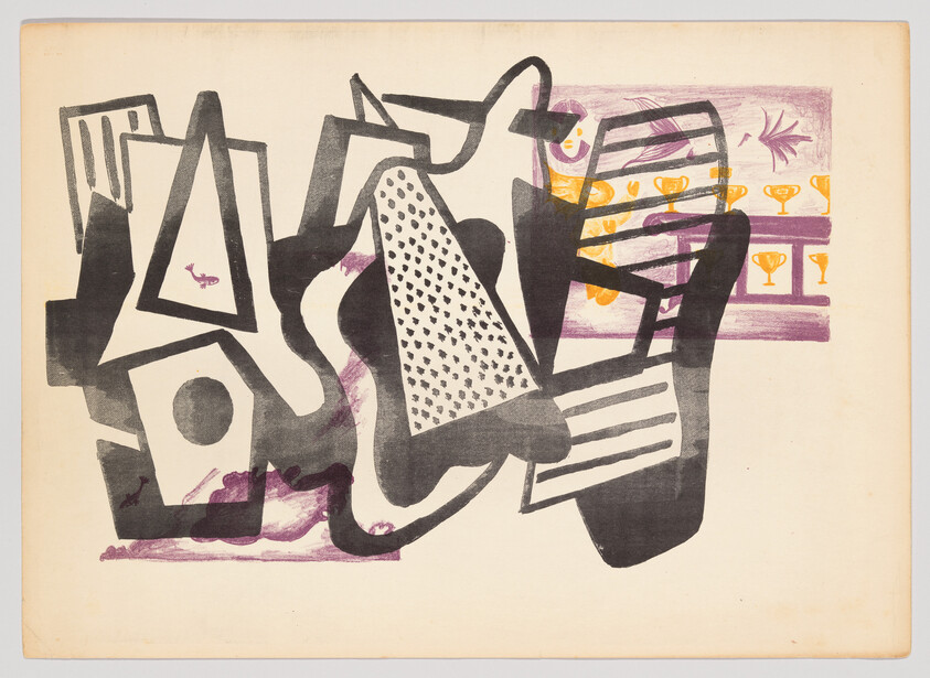 Abstract composition of overlapping black shapes, purple brushstrokes, and a row of small yellow cup symbols.