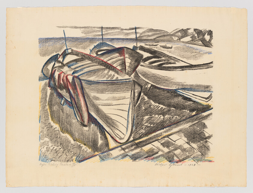 Two wooden rowboats pulled up on a pebbled shore with water and hills beyond.