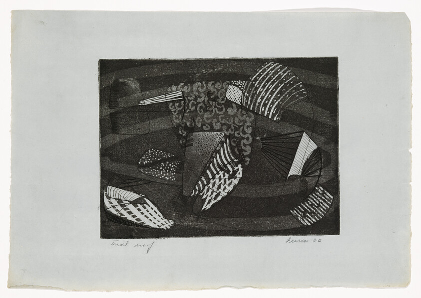 Abstract black-and-white print showing patterned shell-like shapes and curved striped background on paper.
