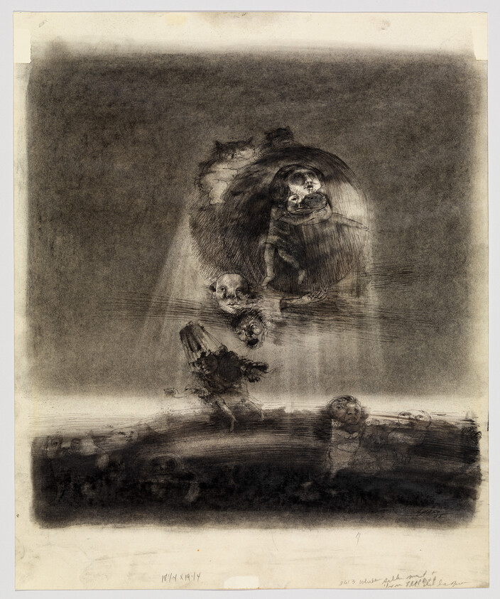 A childlike figure in a glowing circle watches ghostly heads and figures rising from the dark.