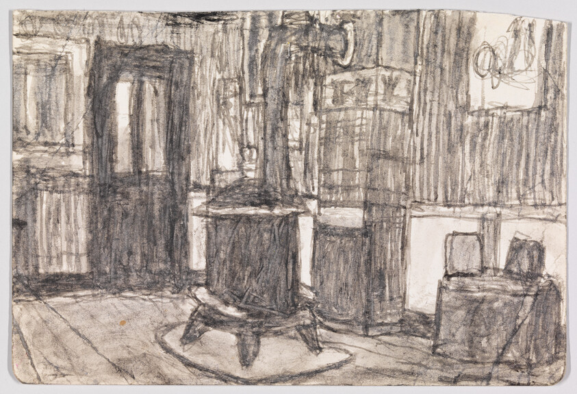A greyscale sketch of the interior of a cabin with a black stove in the middle.