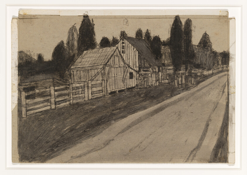 A charcoal sketch depicting a rural scene with a barn and outbuildings surrounded by a wooden fence. Tall trees line the background, and a dirt road stretches into the foreground, suggesting a quiet, pastoral setting. The artwork is rendered on aged paper with visible creases and tape on the edges, indicating it may be an older piece.