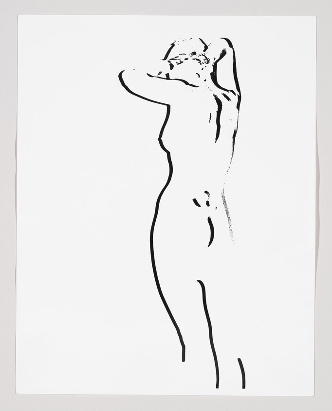Minimal black line drawing of a standing nude woman seen from the side with hands in her hair.