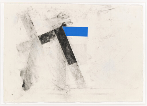 Two black smudged lines cross each other, with a solid blue rectangle near the top right intersection.