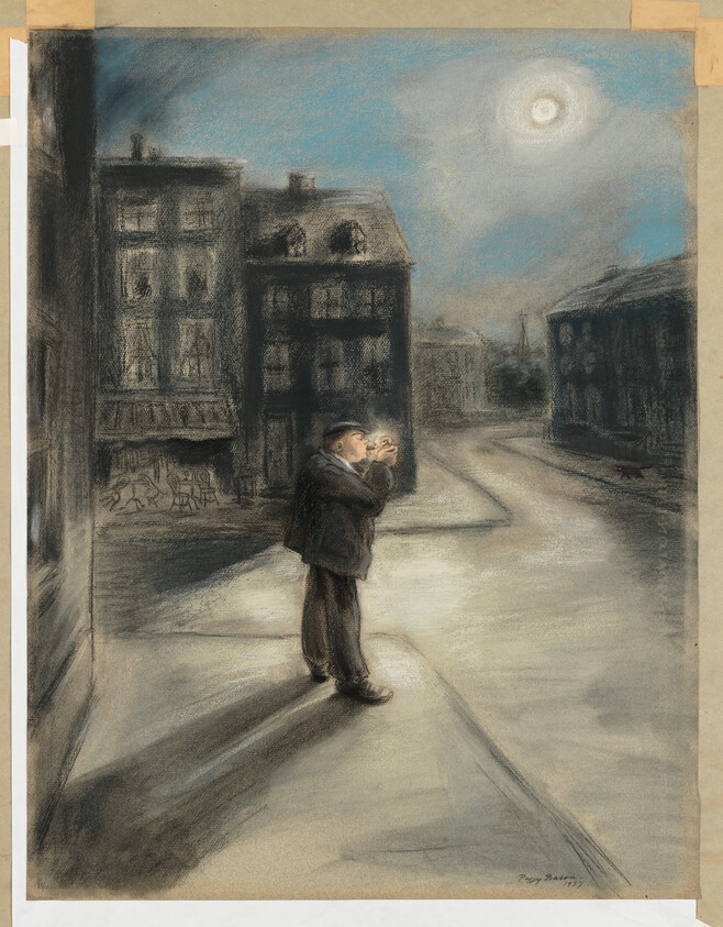 A man stands under moonlight on a quiet street lighting a cigarette.