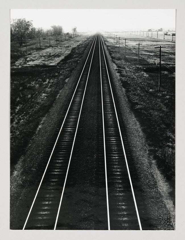 Four parallel railroad tracks stretch straight into the distant horizon through flat countryside.
