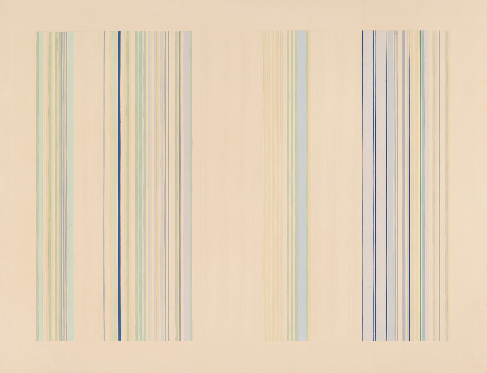 Four tall groups of thin pastel and blue vertical lines on a light beige background.