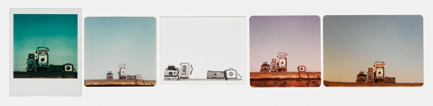 Five square photos showing vintage twin-lens cameras lined up on a flat surface under clear skies.