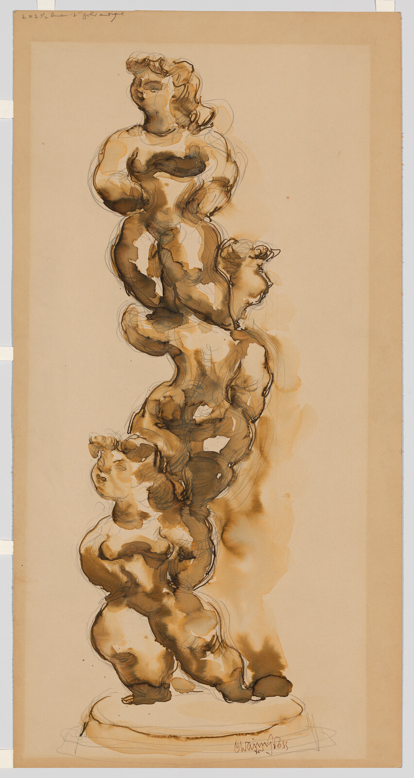 Three stacked plump figures rendered in loose brown ink wash on tall paper.