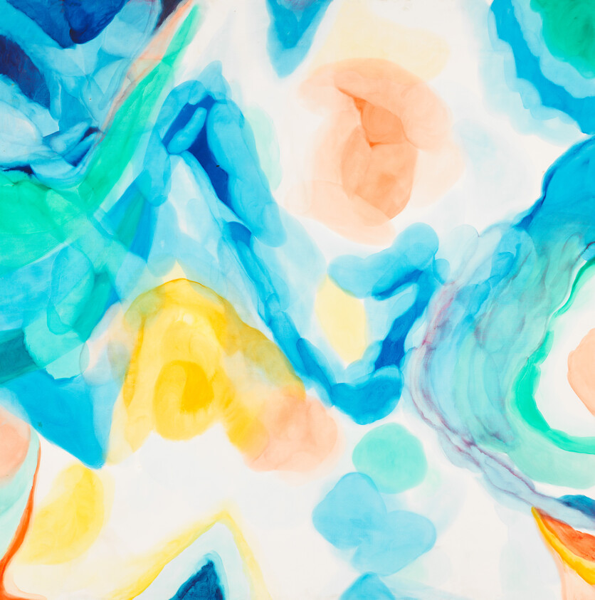 Abstract watercolor painting with flowing blue, teal, yellow, and orange shapes.