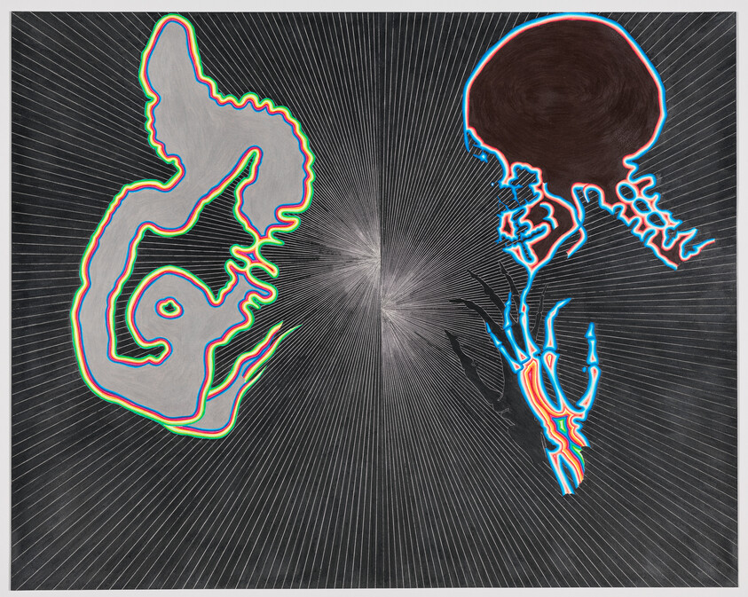 A glowing skeletal skull and hand face a colorful fetal-shaped form against radiating lines.