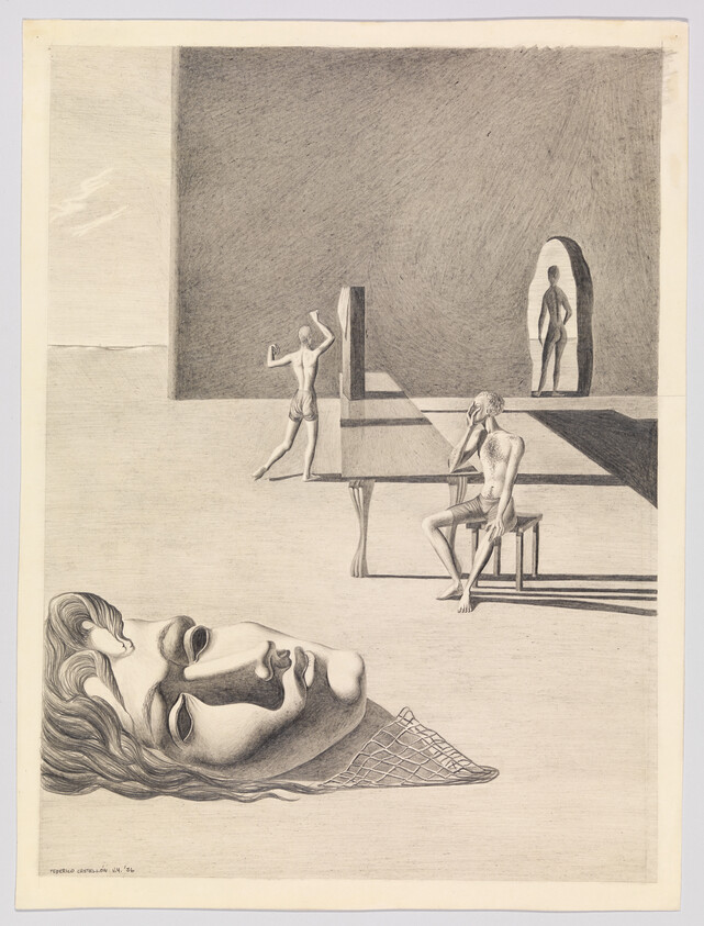 A giant broken classical head lies on the floor while three thin figures interact around a table and doorway.