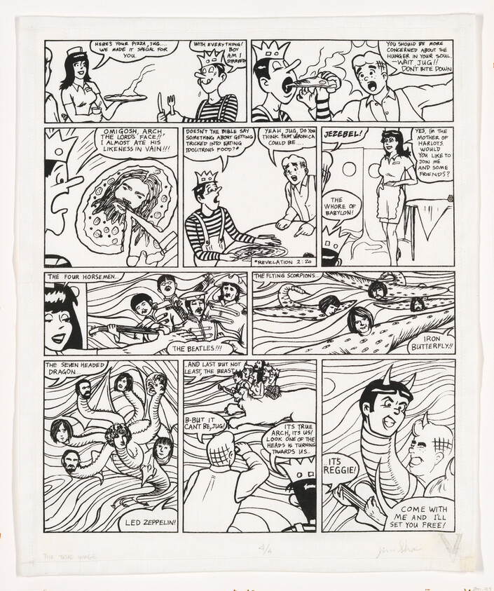 Comic-strip page showing characters reacting to a pizza and hallucinated band figures like The Beatles and Led Zeppelin.